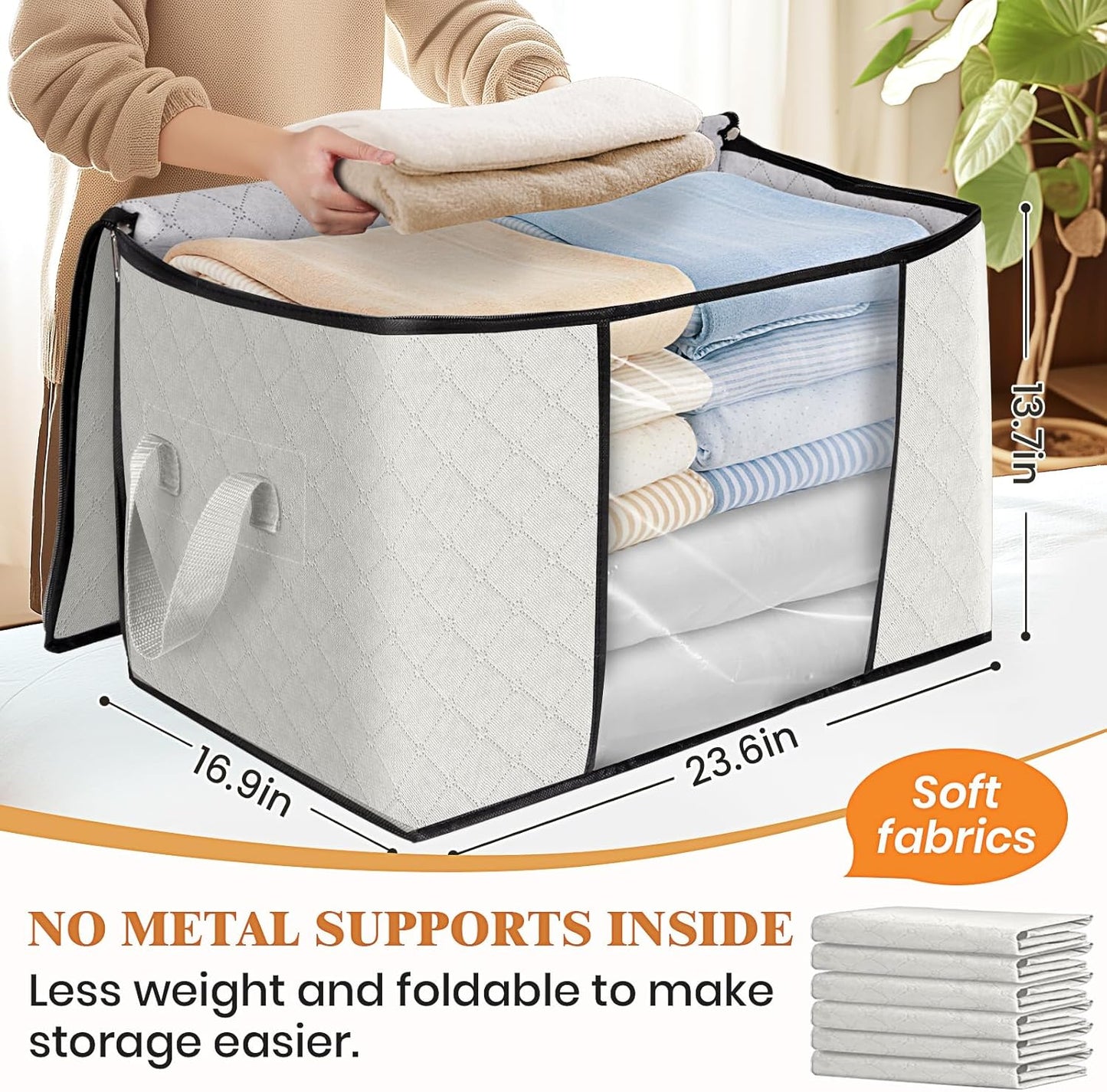 Fab totes 24 Gallons Clothes Storage, Foldable Thick Fabric Blanket Storage Bags, Containers for Organizing Bedroom, Closet, Clothing, Comforter, Organization with Handle (6 Pack,Ivory)
