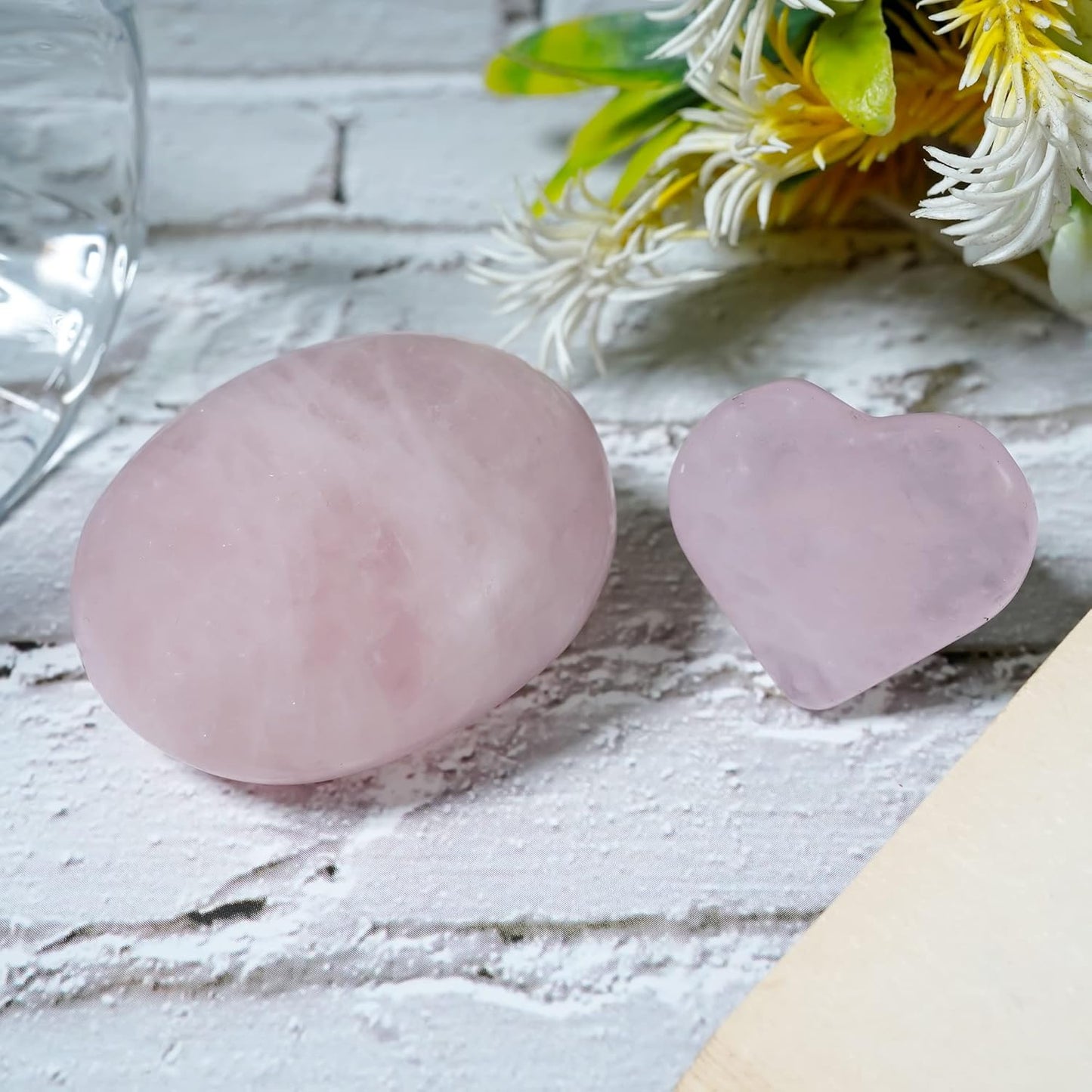 Crocon Rose Quartz Palm Stone (40 mm) & 1 Heart Stone feng Shui Healing Meditation Balance Chakra Reiki Charged Lovely Gift for her him Paperweight Centerpieces with Gift Box for Men Women.