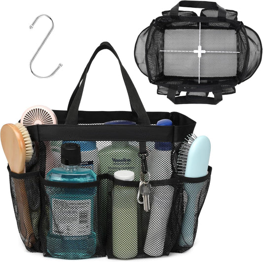 F-color Mesh Shower Caddy Portable with Dividers - Upgrade Deeper 7 Pockets Dorm Room Essentials with S Hook, Shower Bag Basket Tote for Guys Girls College Camping Toiletry Bathroom, Black