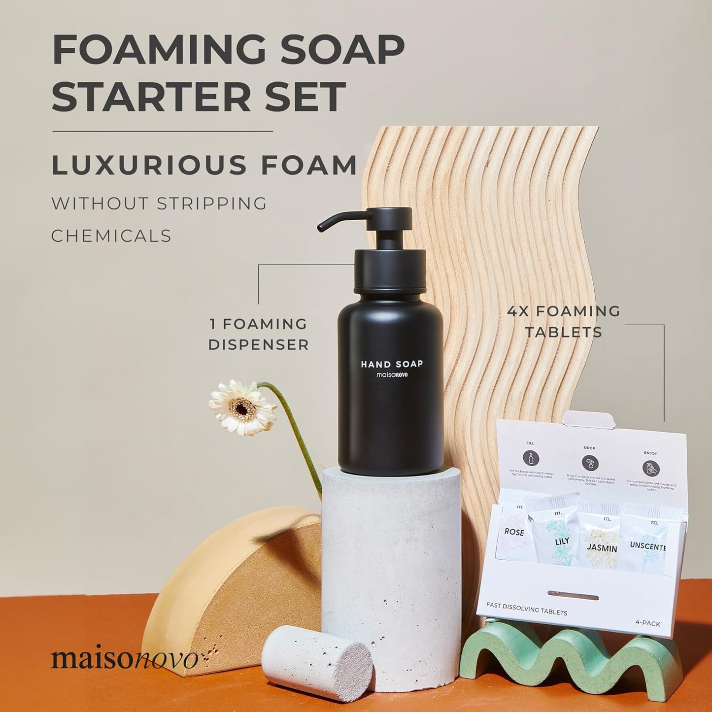 MaisoNovo 14 oz Black Glass Foaming Soap Dispenser with Black Pump - Mixed 4 Pack Foaming Hand Soap Refill Tablets