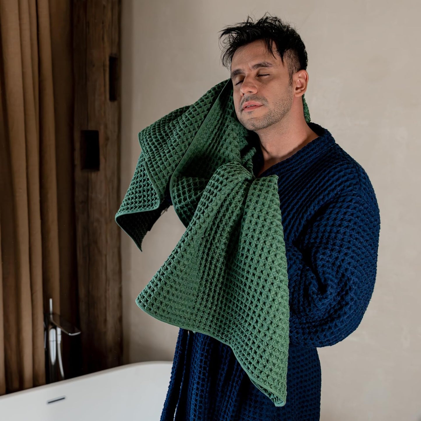 Luxury Japanese Cotton Waffle Bath Towel | Plush, Absorbent, and Quick Dry | Free Storage Bag Included (Forest Green, Bath Towel (2 Pack))