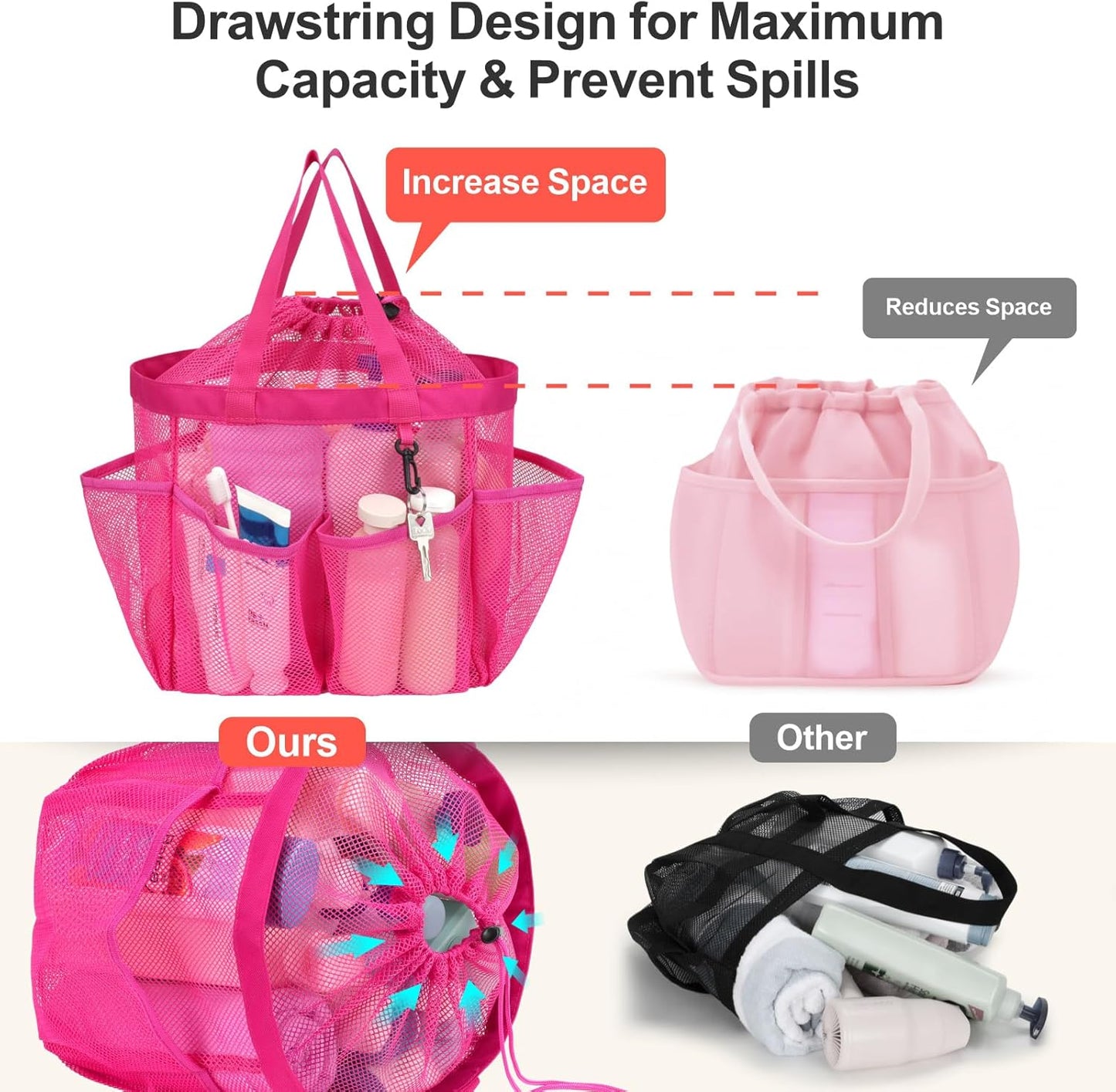 F-color Mesh Shower Caddy Portable with Drawstring - Upgrade Deeper 7 Pockets Dorm Room Essentials for Guys Girls with S Hook, Shower Bag Basket Tote for College Camping Toiletry Bathroom, Rose red