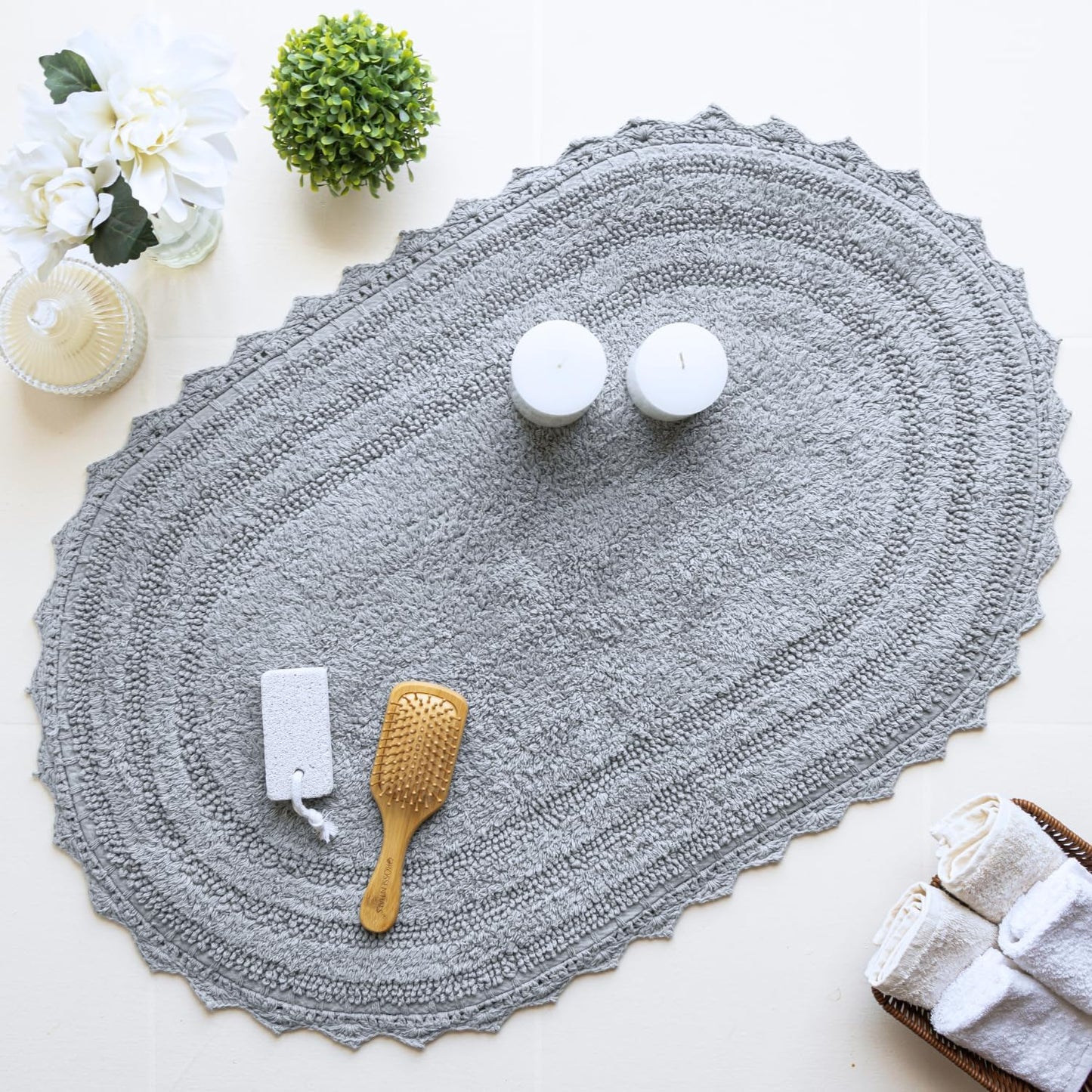 RAJRANG Bath mat for Bathroom Kitchen and Spa with Crochet Pattern Cotton Absorbent Soft Reversible Light Grey Bath Rug Oval 24x17 Inches