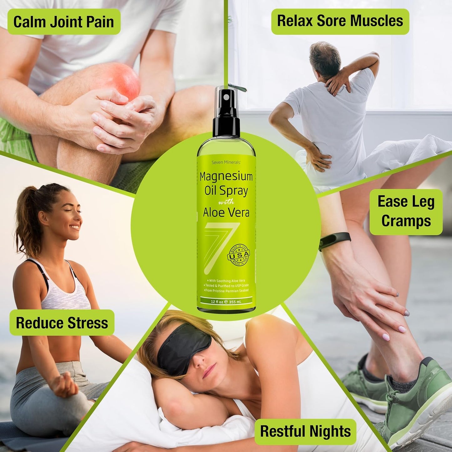 Seven Minerals Pure Magnesium Oil Spray with Aloe Vera 12oz - Pharmaceutical (USP) Grade, Highest Strength with Instant Relief for Feet, Sleep, Muscle Pain & Cramps - Mined in The USA