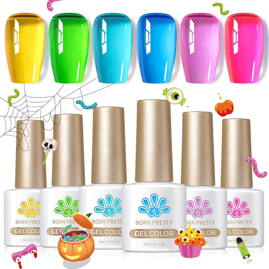 Born Pretty Jelly Gel Nail Polish Halloween Neon Gel Polish,Hot Pink Purple Blue Green Yellow 6Colors Translucent Effect,Soak Off U v LED Light Cure Nail Art Kit for Salon Manicure and DIY at Home