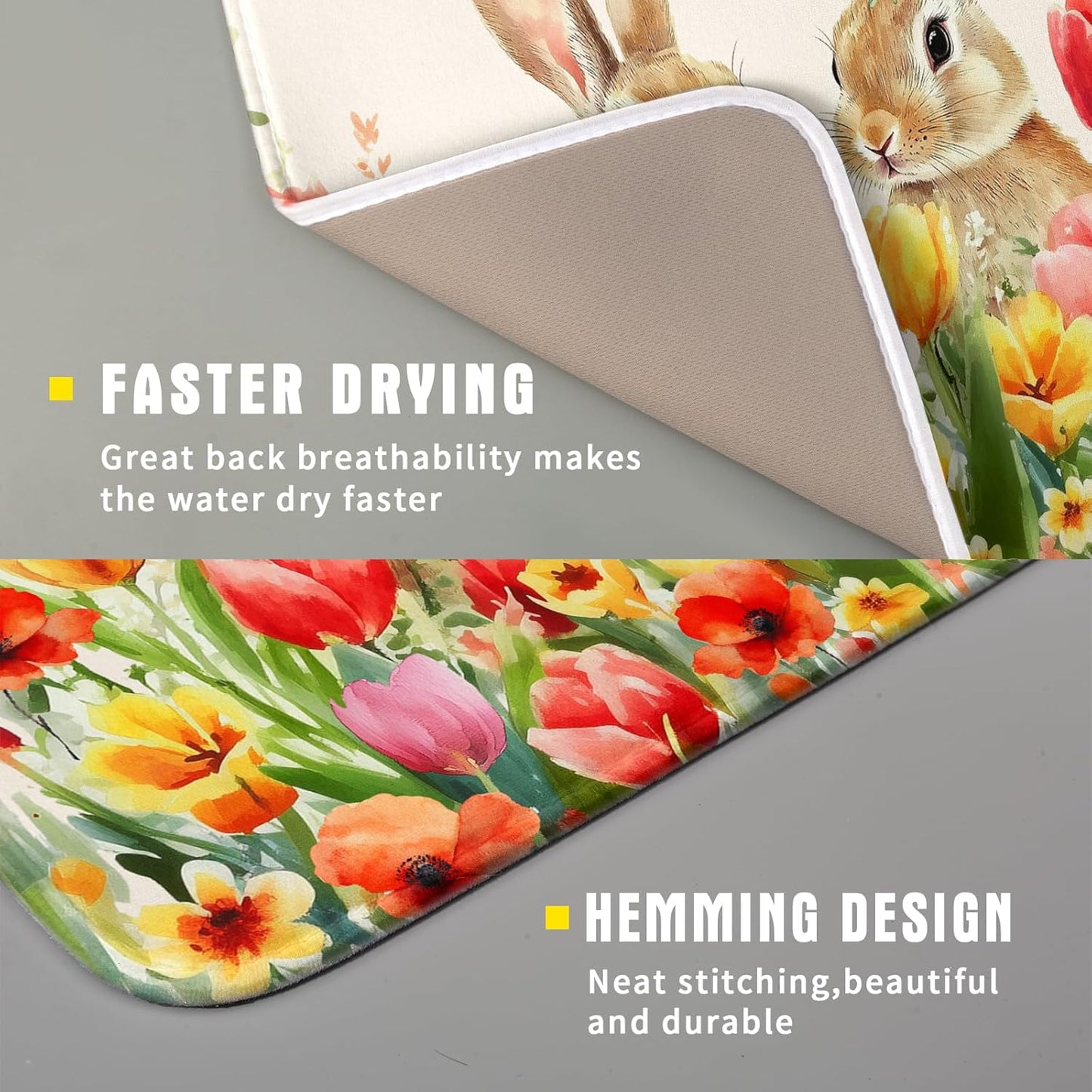 Easter Bunny Dish Drying Mat 16x18 inch Spring Floral Drying Pad Holiday Absorbent Microfiber Dishes Drainer Protector for Kitchen Counter