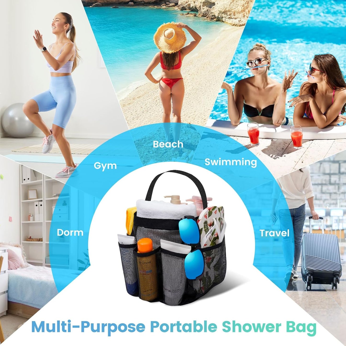 Mesh Shower Caddy Portable for College Dorm Room Essentials for Girls with 9 Pockets,Large-Capacity Shower Basket,Quick Dry Toiletry Tote Bag for Women,Outdoor Gym,Travel,Swim,Beach Camping Essentials