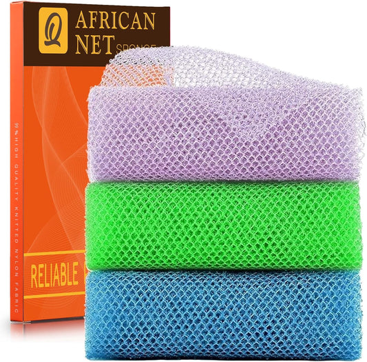 UJFQBH 3 Pieces African exfoliating net African Net Long Net Bath Sponge Exfoliating Shower Body Scrubber Back Scrubber Skin Smoother,Great for Daily Use (Purple, Blue, Green)