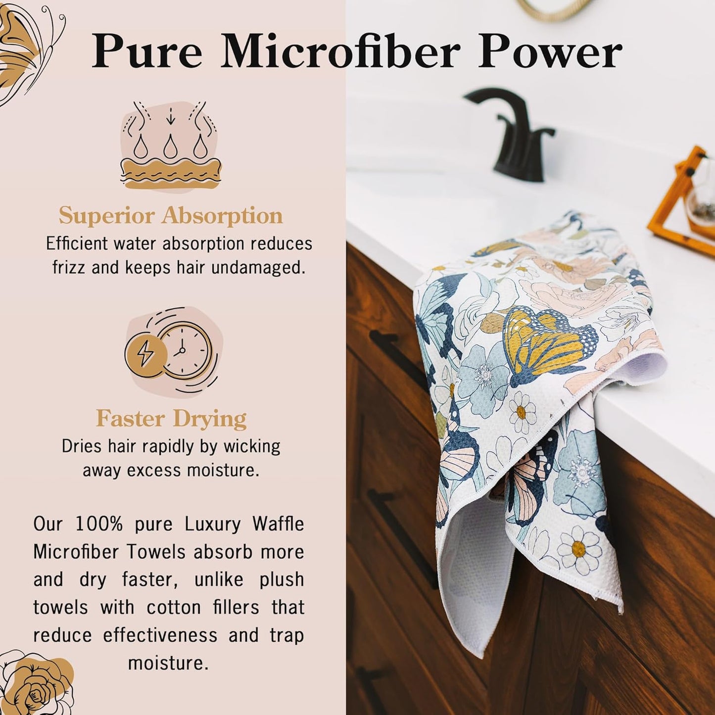 Microfiber Hair Towel Wrap for Women - Anti-Frizz Quick Dry Hair Wrap for Long Hair - Hair Towels for Women, Hair Drying Towel Wrap - Floral Butterfly