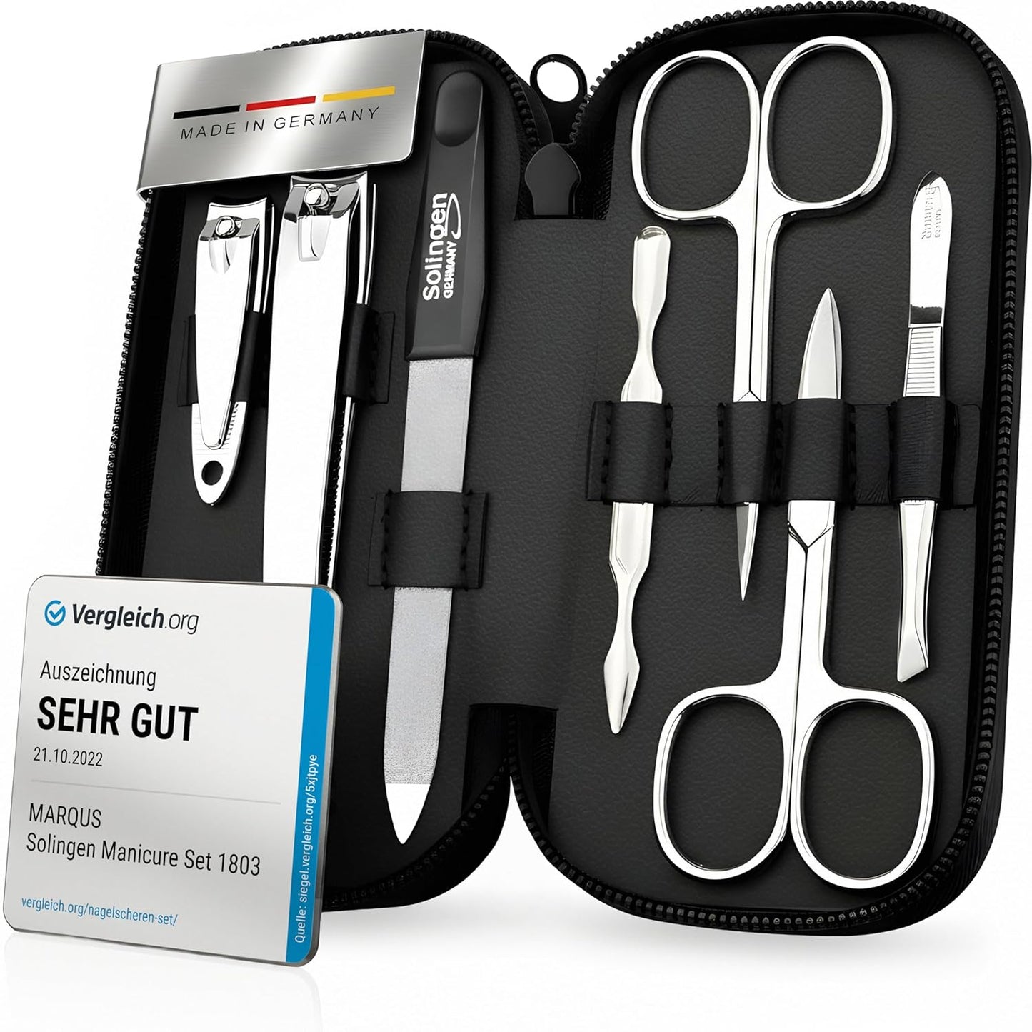 Manicure Set Solingen Made in Germany - 7 Piece Exclusive Finger & Toe Nail Clippers Kit for Women and Men in Real Leather Case, Color Black