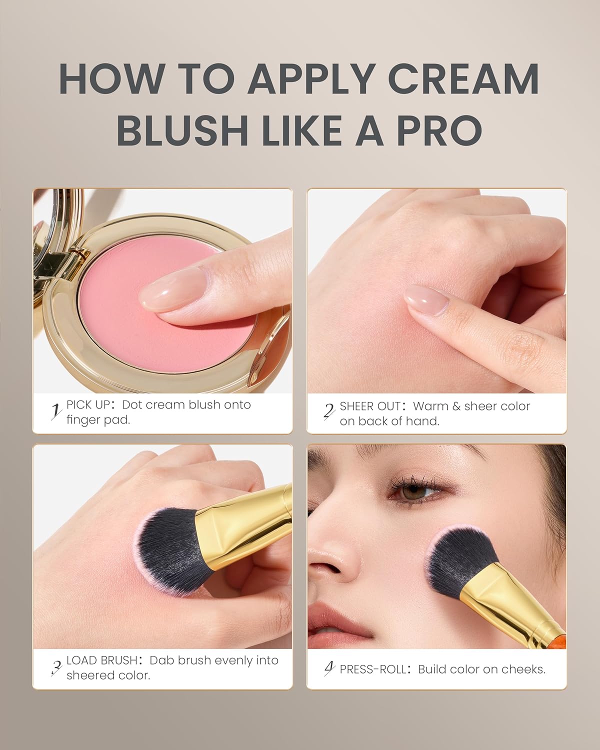 Desert Oak Series Cream Cheek Duo Brush Set - CM 182 Precision Highlighter & CM 183 Angled Blush Brush for Cream/Liquid Products, Bubinga Handle & Brass Ferrule