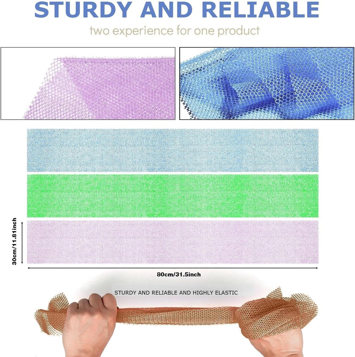 UJFQBH 3 Pieces African Bath Sponge African Net Long Net Bath Sponge Exfoliating Shower Body Scrubber Back Scrubber Skin Smoother,Great for Daily Use (Pale Purple, Blue, Green)