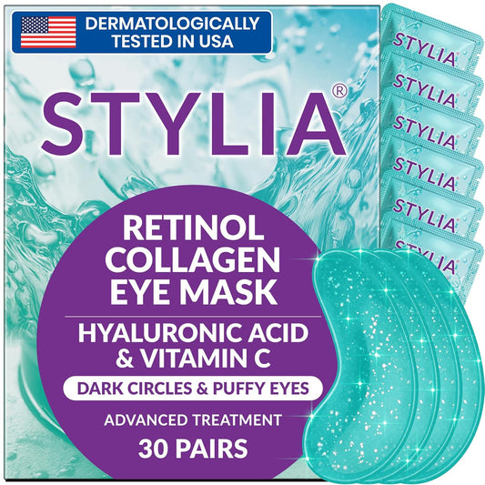 Stylia Under Eye Patches for Puffy Eyes and Dark Circles (30 Pairs) - Marine Collagen Under Eye Mask with Retinol, Vitamin C, Hyaluronic Acid, Pearl Extract - Eye Masks for Dark Circles and Puffiness