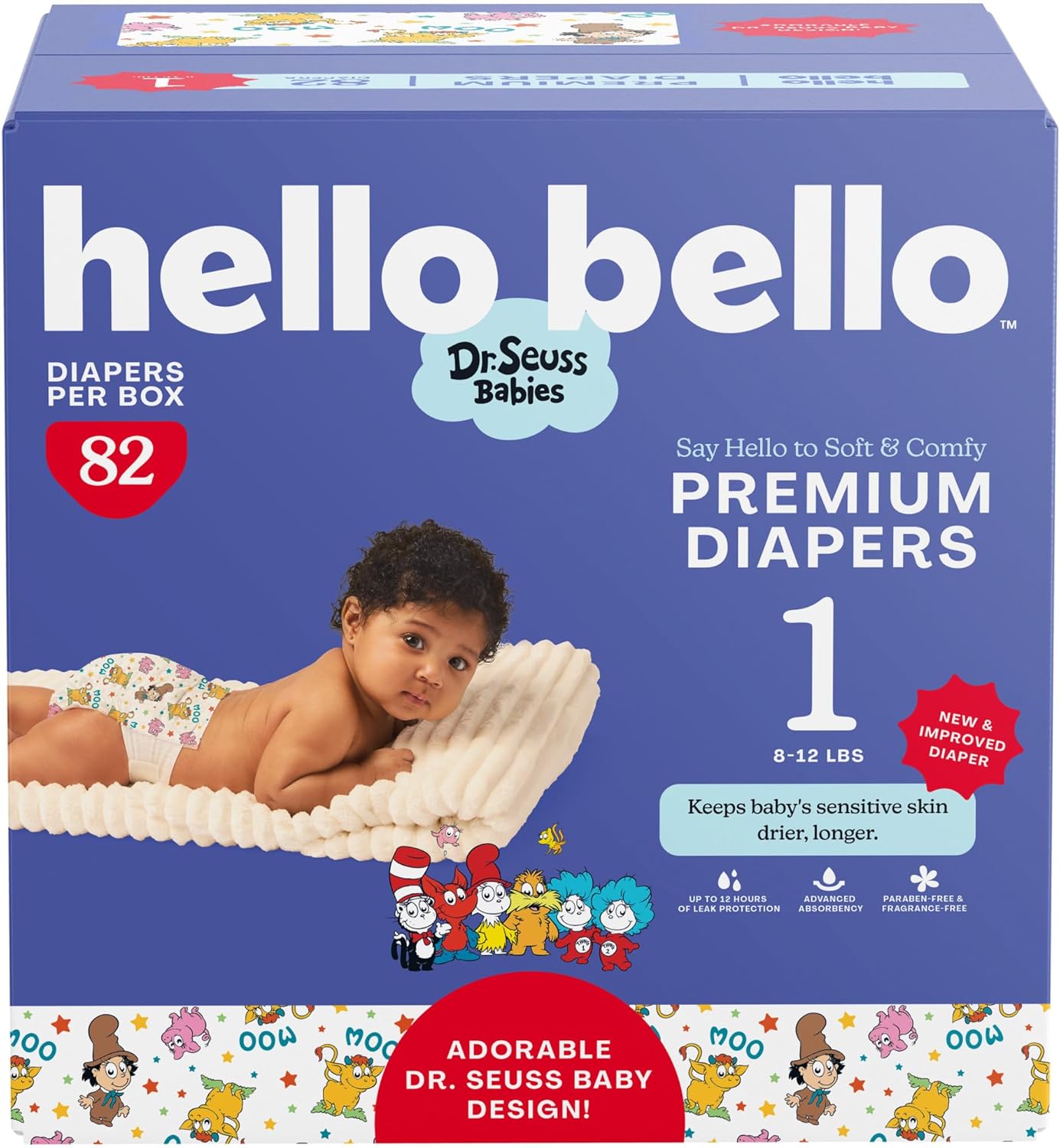 Hello Bello Dr. Seuss Babies Premium Diapers, Size 1, 82 Count: Softness & Protection for Sensitive Skin