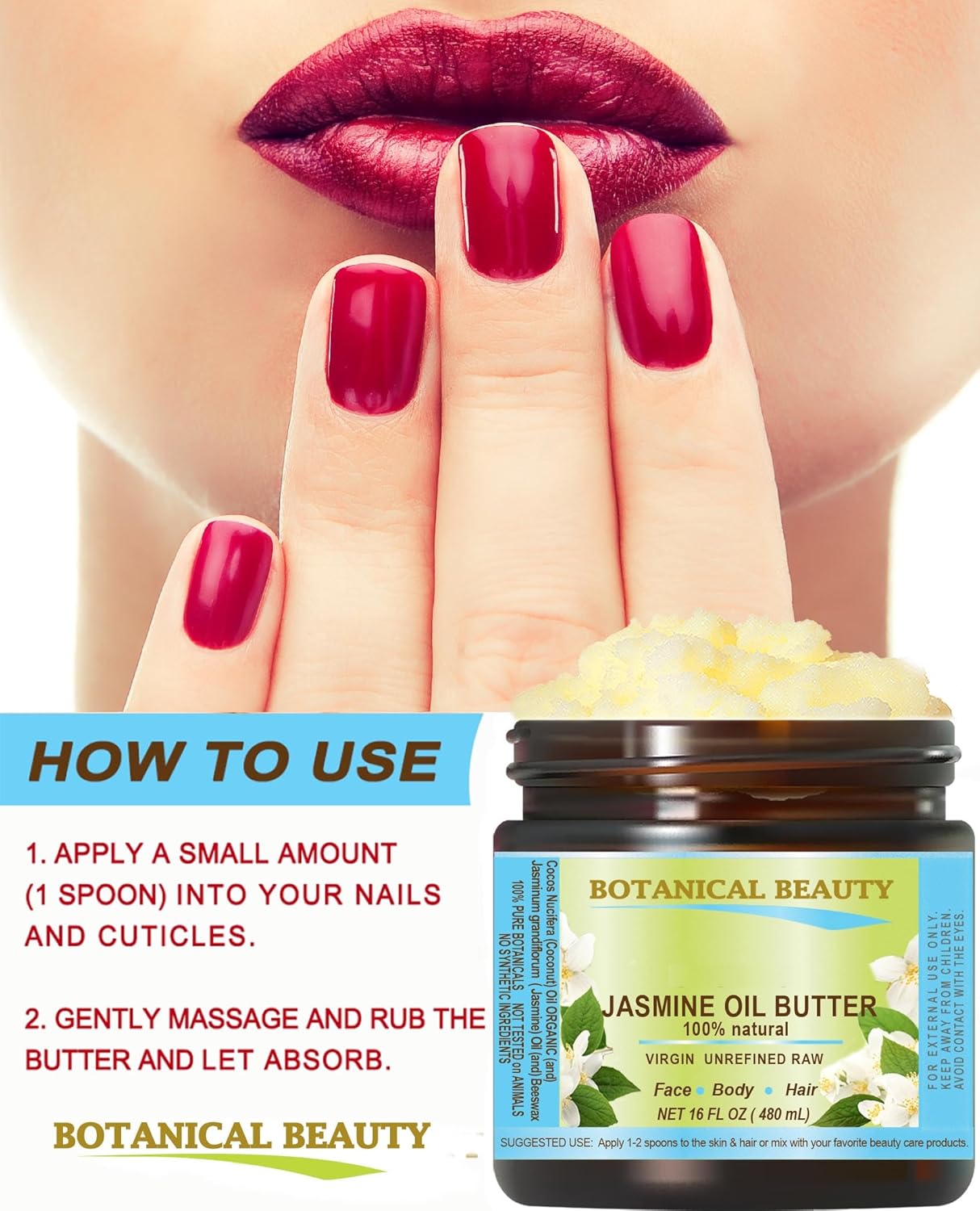 Botanical Beauty JASMINE OIL BUTTER Pure Natural Virgin Unrefined RAW for FACE, SKIN, BODY, DAMAGED HAIR, NAILS. (2 Fl Oz)