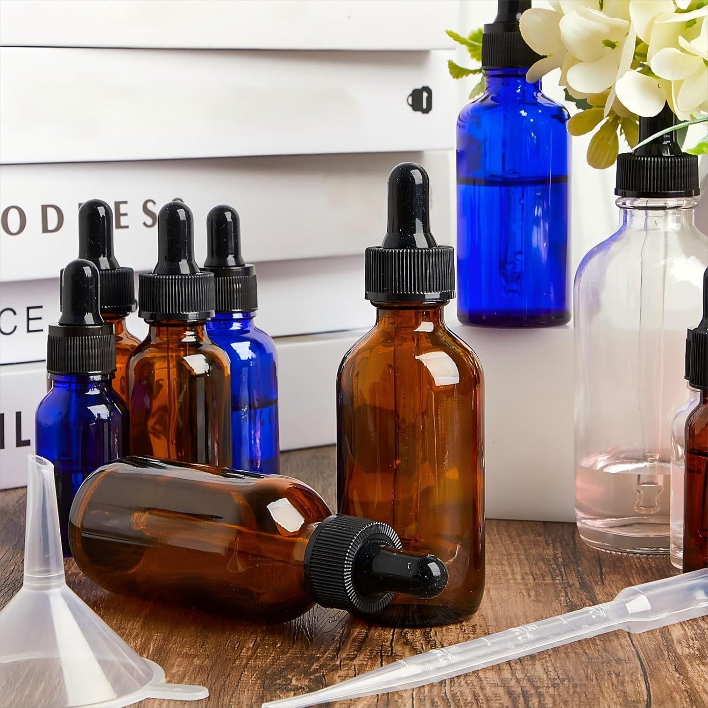 Lallisa 48 Pcs Glass Dropper Bottles with Eye Dropper Dispensers Lab Dropping Bottles with 4 Pcs Long Pipettes 4 Funnel and 80 Label for Travel Cuticle Massage Essential Oils Perfume (Amber,2 oz)
