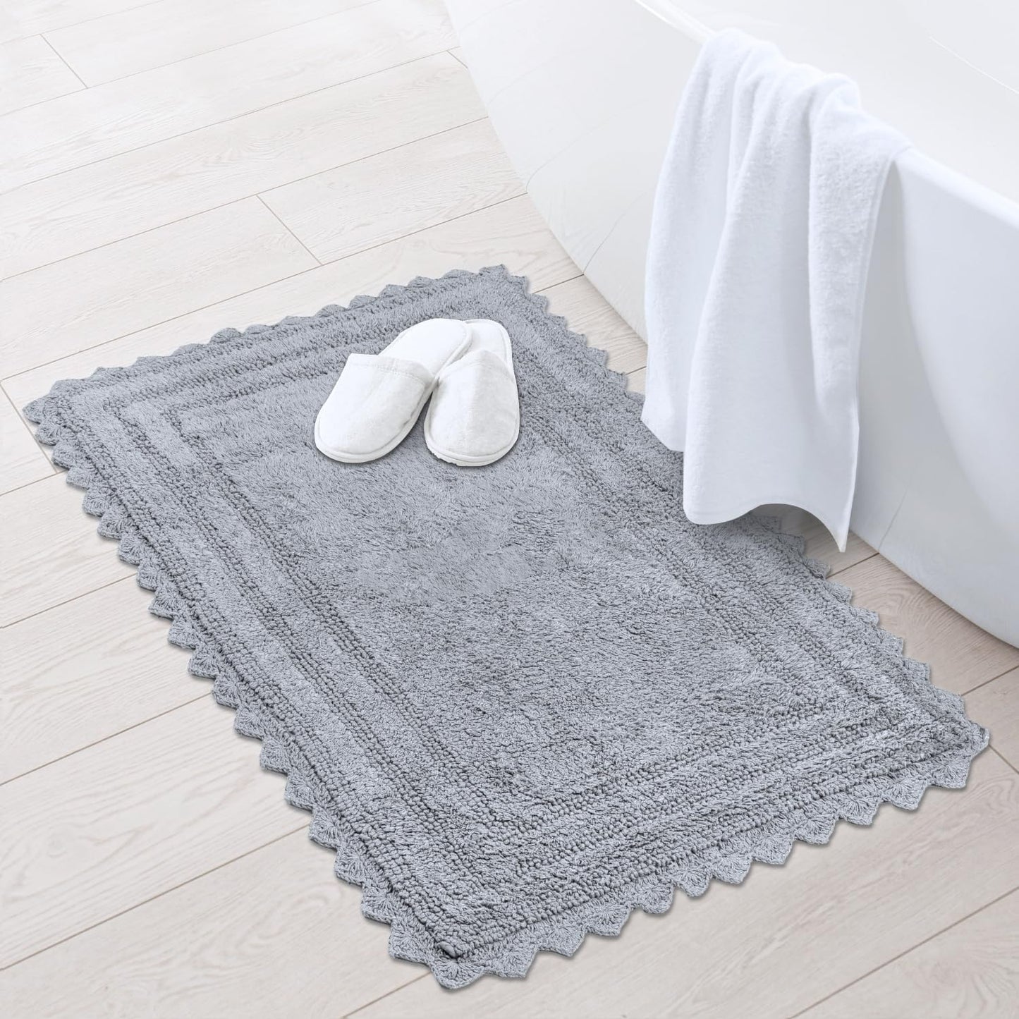 RAJRANG Light Grey Bath Mat for Bathroom Spa with Crochet Absorbent Soft Reversible Boho Bath Rug Rectangle 34x21 Inch