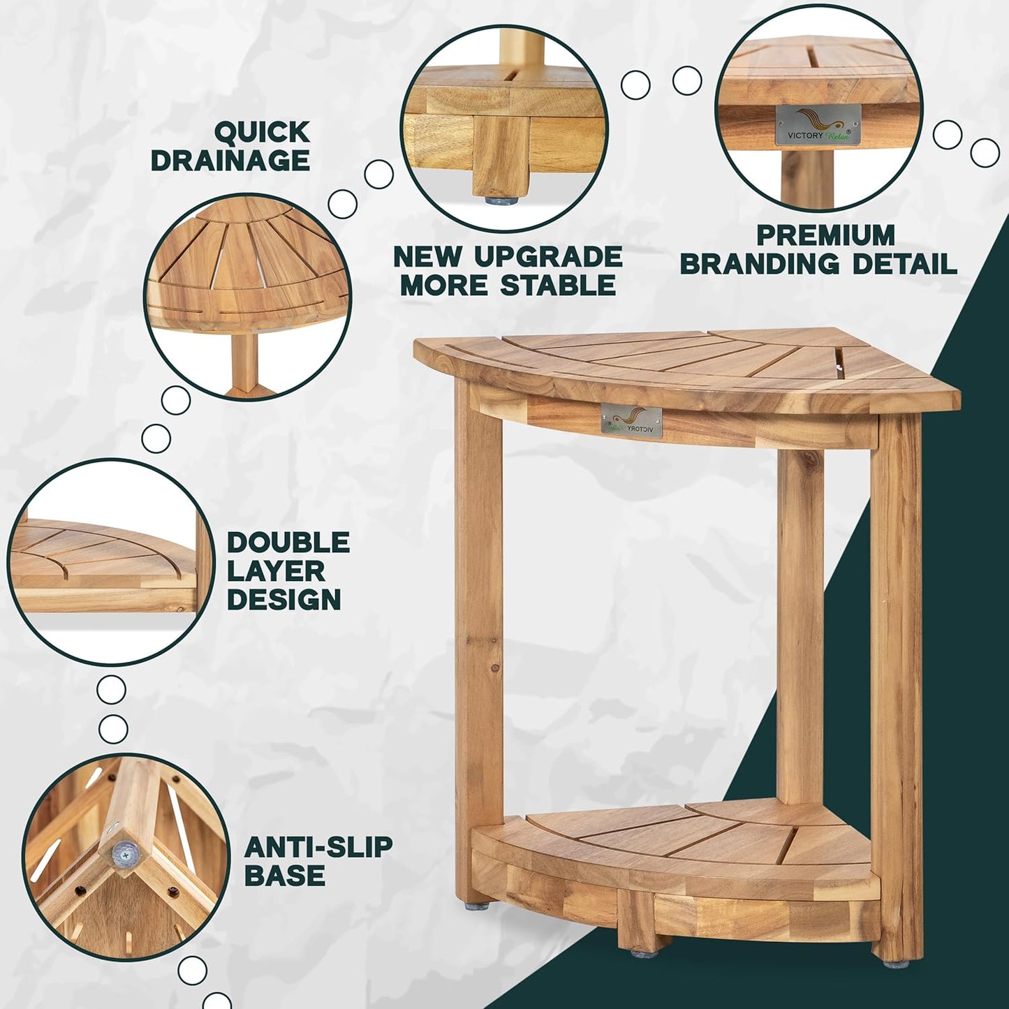 Acacia Corner Shower Stool, Waterproof Spa Foot Rest & Bath Bench with Storage Shelf & Soap Dish, Ideal for Bathroom, Shaving Legs, or as Small Corner Table/Step Stool (Light Natural)