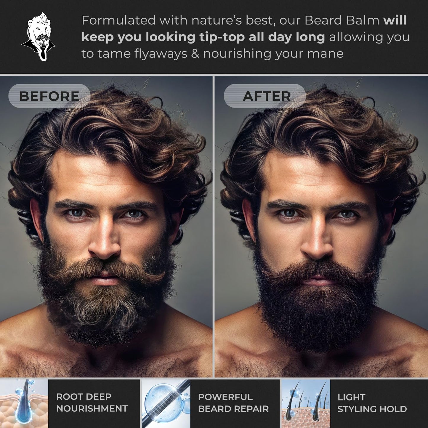 Hypoallergenic All Natural Beard Balm For Men - Lion's Den Scent - Made from Seed-Based Oil, Nut-Free Leave In Beard Conditioner For Men & Mustache Care, Fresh Beards Look, Styling Balm Gifts