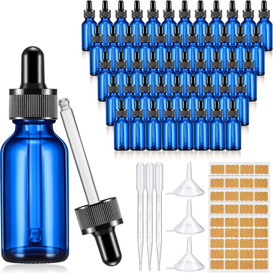Lallisa 100 Pack Essential Oil Dropper Bottle 30 ml (1 Oz) Glass Dropper Bottles DIY for DIY Essential Oil Perfume with 5 Funnels 5 Pipettes 3ml 100 Labels for Bathrooms, Hotels, Labs (Blue)