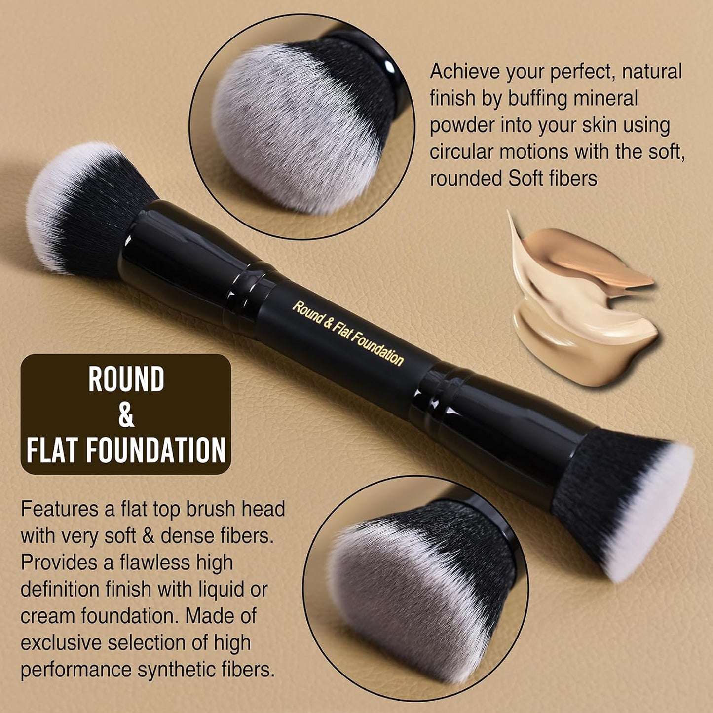 LORYP Black Makeup Brushes 2Pcs Duo End Foundation Powder Brush Set, Blush & Highlighter Brush and Round & Flat Foundation Brush