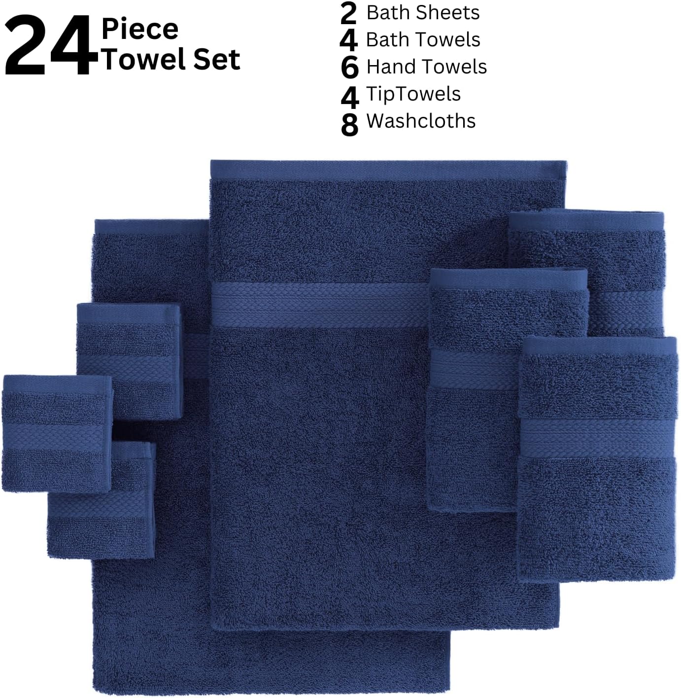 Lane Linen 100% Cotton Bathroom Towel Set - 24 Pcs - Fluffy, Super Soft & Absorbent - 2 Bath Sheets, 4 Fingertip, 4 Bath, 6 Hand Towels, 8 Washcloths - Ring Spun, Double Sided Cotton Terry - Navy Blue