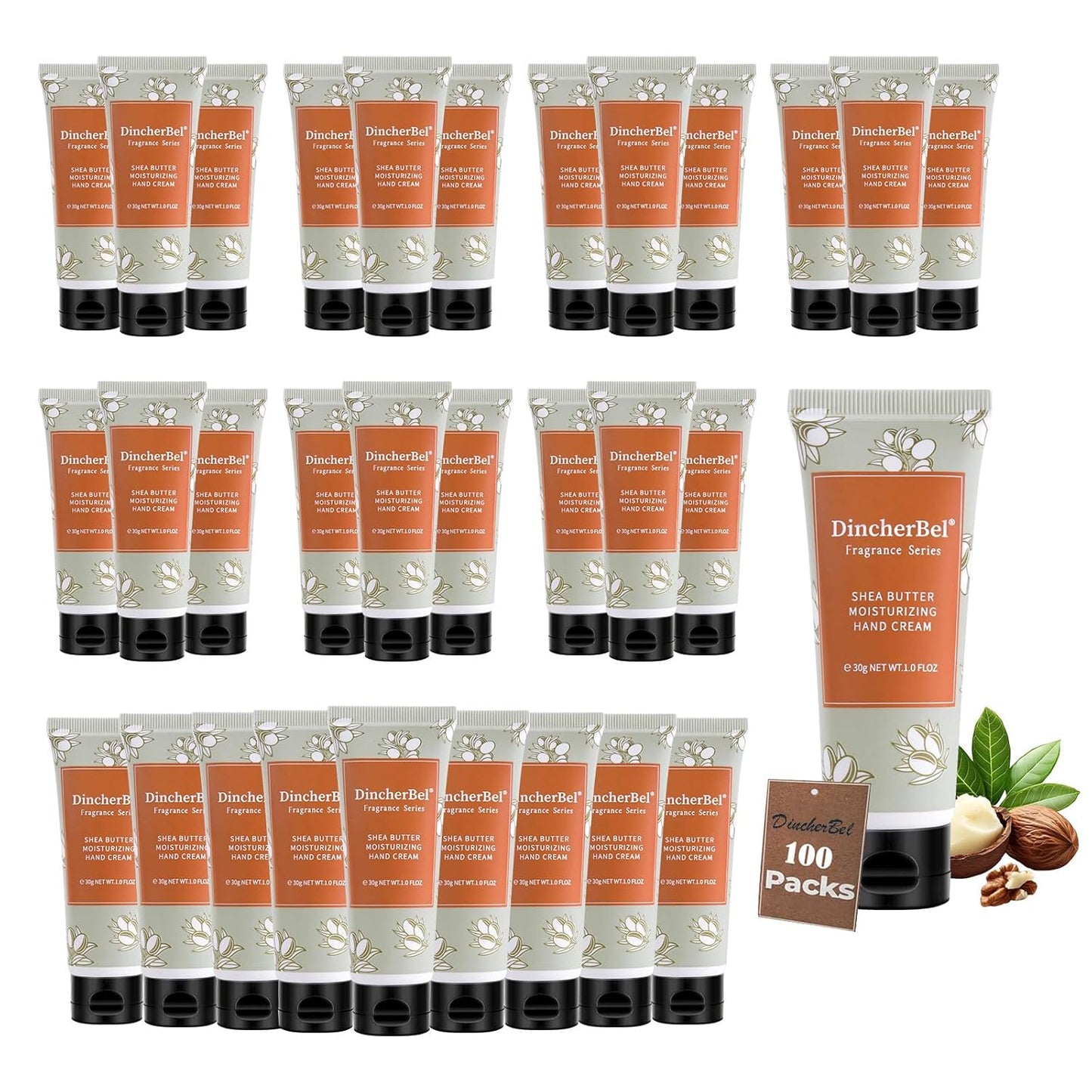 DincherBel 100 Pack Shea Butter Moisturizing Hand Cream Bulk - Travel Size Non-Greasy Hand Lotion Set for Dry Skin, Instant Hydrating Hand Care for Women, 1.0 oz/30 ml