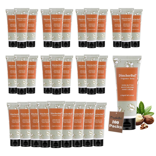 DincherBel 100 Pack Shea Butter Moisturizing Hand Cream Bulk - Travel Size Non-Greasy Hand Lotion Set for Dry Skin, Instant Hydrating Hand Care for Women, 1.0 oz/30 ml