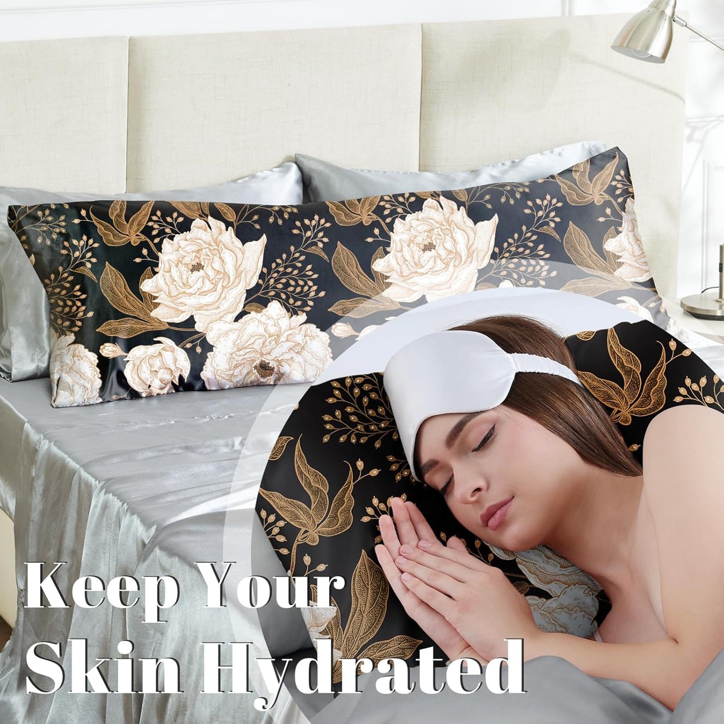 EXQ Home Satin Pillowcase for Hair and Skin Queen - Peony Printed Silk Pillowcase 20x54 inches - Body Satin Pillow Cases with Envelope Closure, Gifts for Women