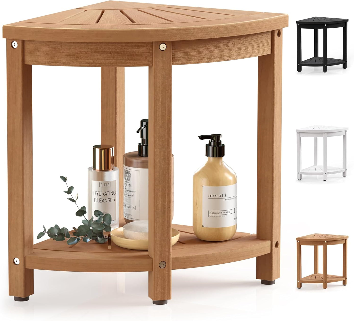 Corner Shower Stool for Inside Shower Waterproof, HIPS Poly Lumber Shower Bench Seat Chair, Bath Shower Stool for Shaving Legs Foot Rest with Adjustable & Non-Slip Feet, Load 400 lbs, Teak