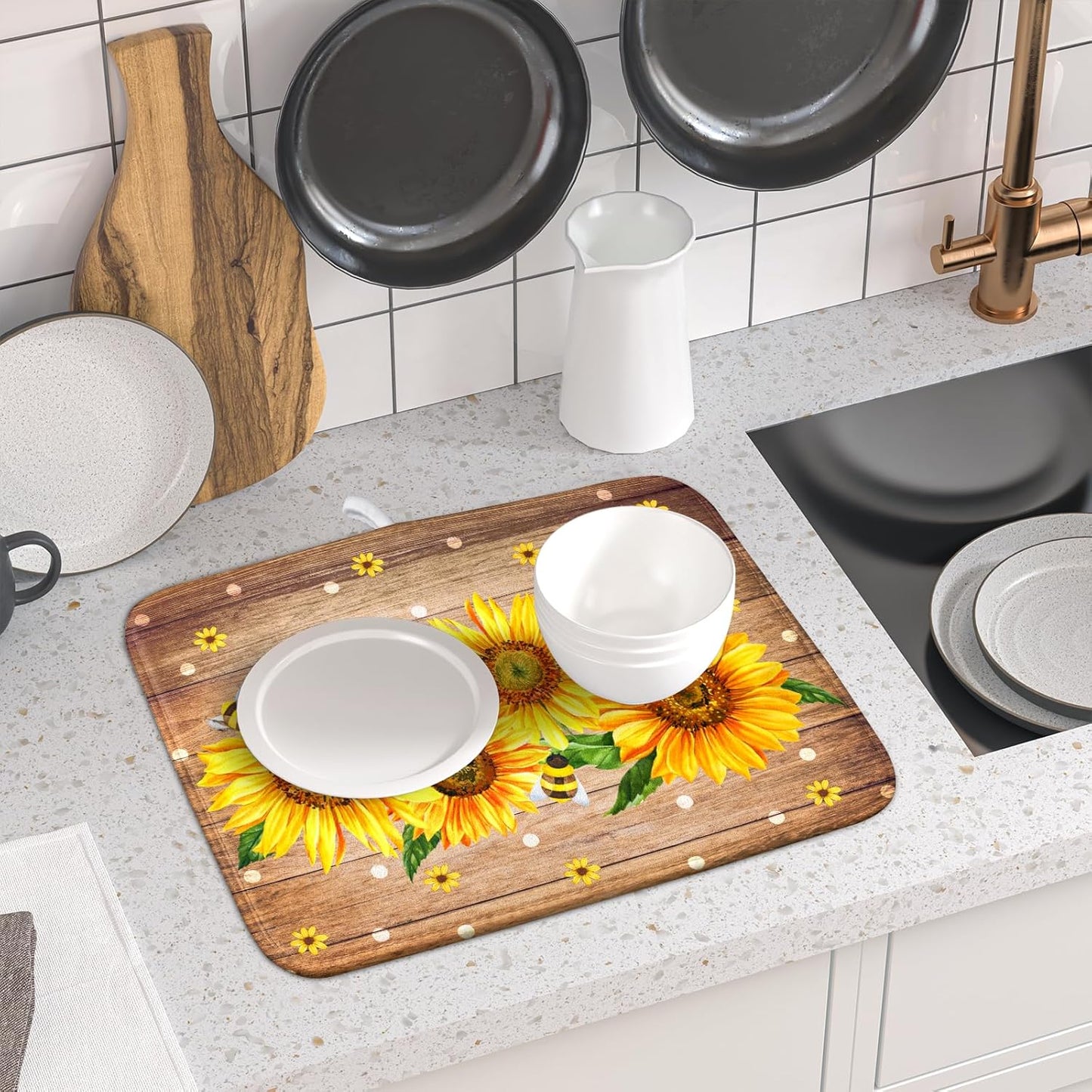 Sunflower Bee Dish Drying Mat for Kitchen Counter Home 16x18 Inch Wood Barn Microfiber Drainer Rack Mats Washable Absorbent Dish Dry Pad