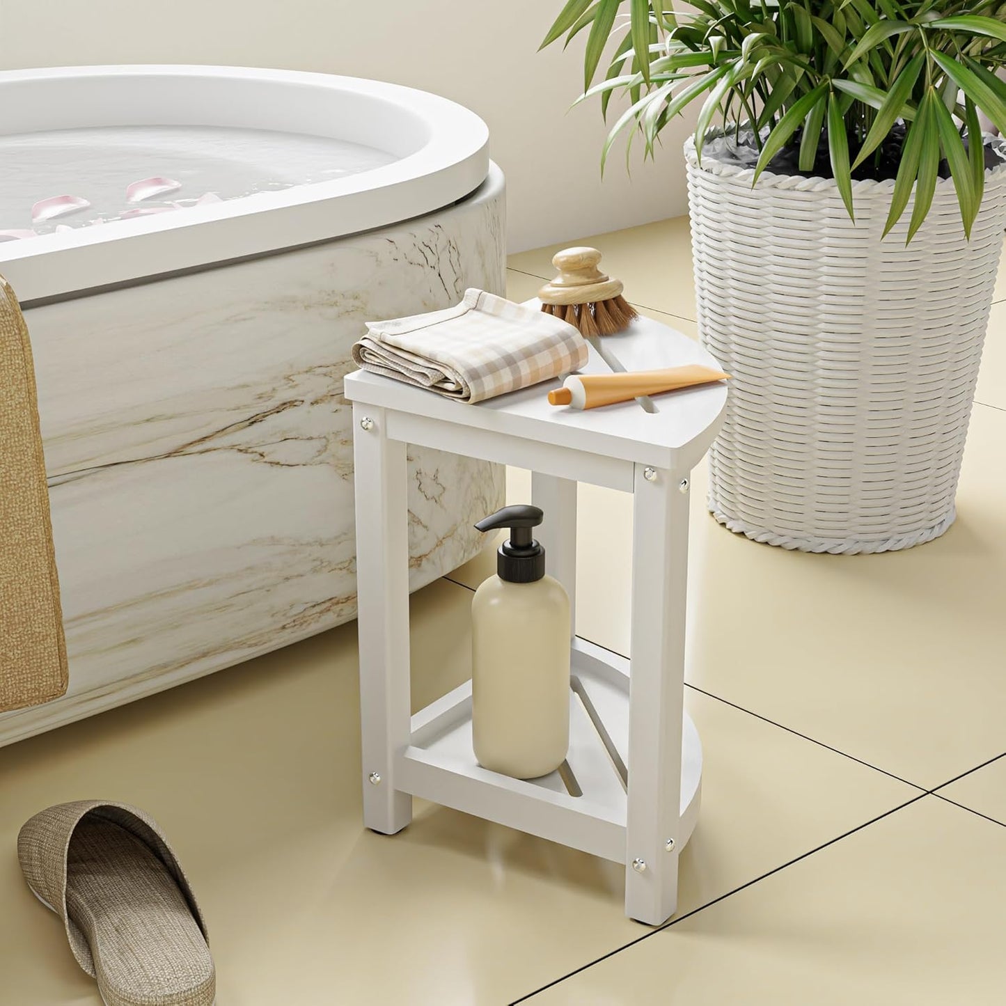 Shower Stool for Inside Shower, Corner Shower Bench Seat, HDPE Waterproof Shower Stool for Shaving Legs with Baffle Storage Shelf, Shower Seat/Foot Rest for Bathroom, Indoor/Outdoor Use, White