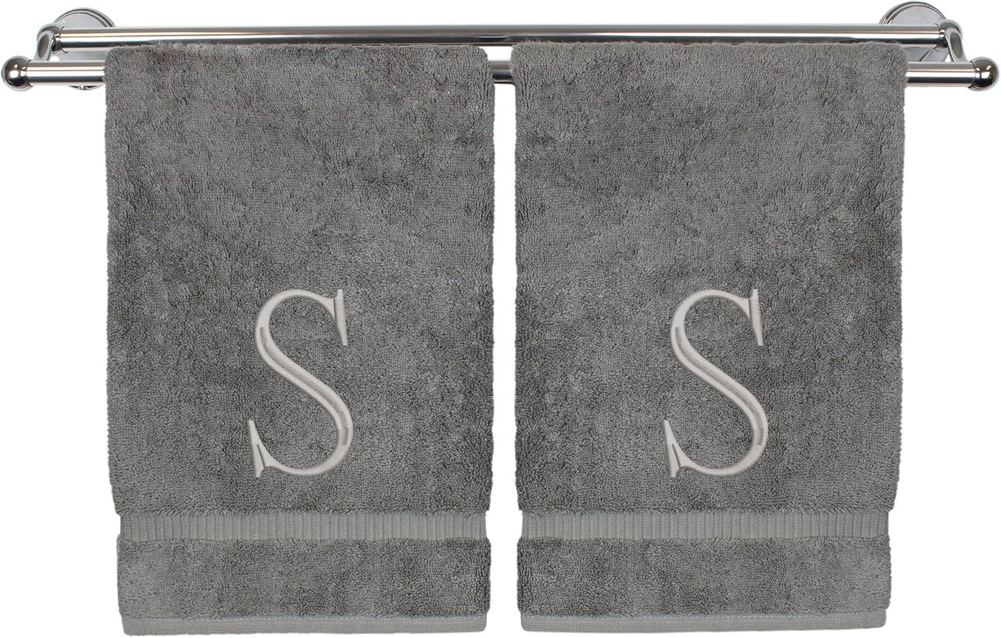 Monogrammed Hand Towel, Personalized Initial Gift, Extra Absorbent 100% Turkish Cotton - Soft Terry Finish - Set of 2 - Silver Block Initial S - Embroidered on Grey Towels
