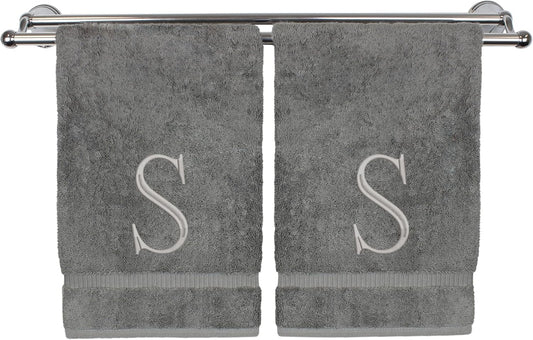 Monogrammed Hand Towel, Personalized Initial Gift, Extra Absorbent 100% Turkish Cotton - Soft Terry Finish - Set of 2 - Silver Block Initial S - Embroidered on Grey Towels