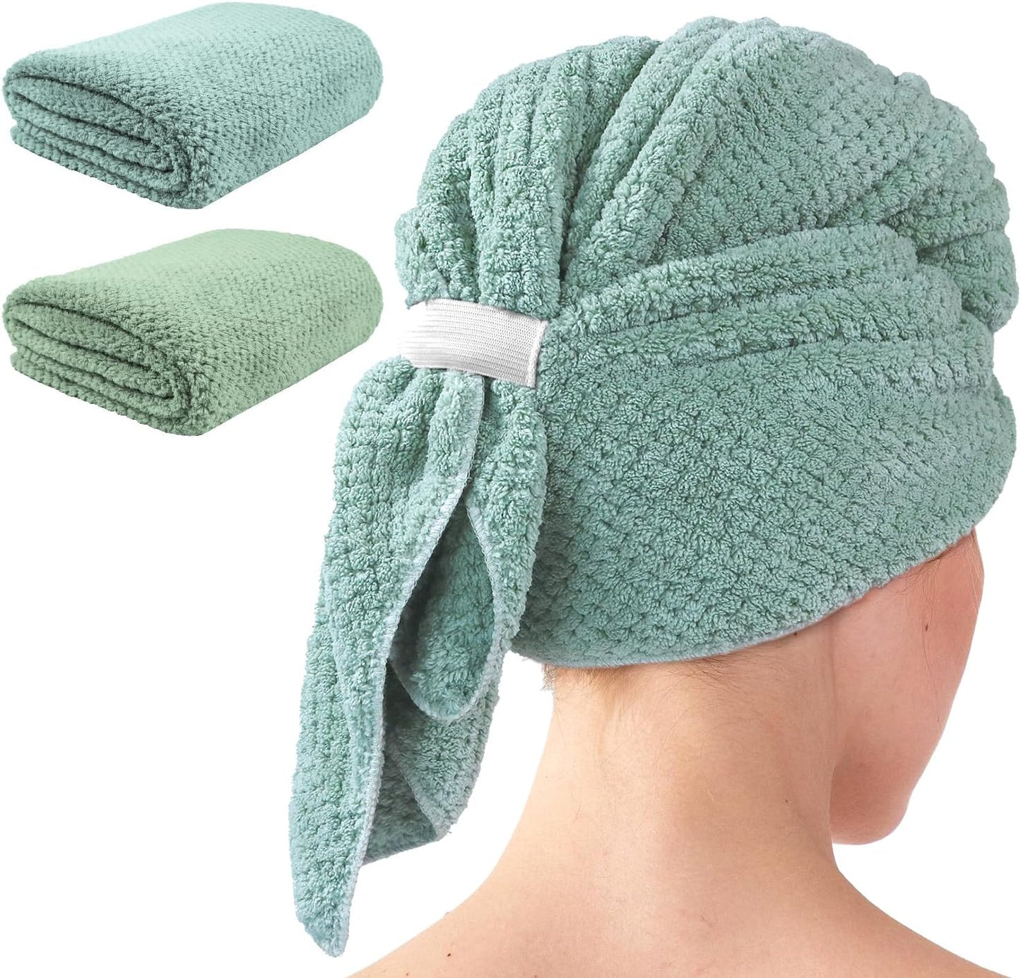 2 Pack Extra Large Microfiber Hair Towel Wrap, 37.4" x 26.4" for Women, Super Absorbent & Quick Dry Hair Towel with Elastic Strap for Curly Hair Green