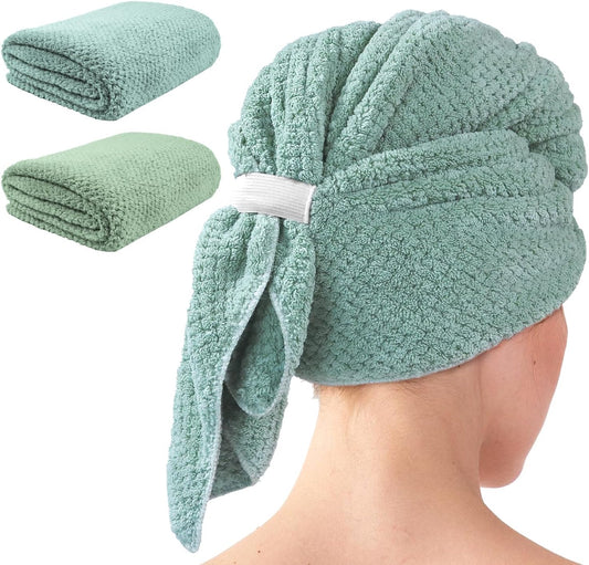 2 Pack Extra Large Microfiber Hair Towel Wrap, 37.4" x 26.4" for Women, Super Absorbent & Quick Dry Hair Towel with Elastic Strap for Curly Hair Green