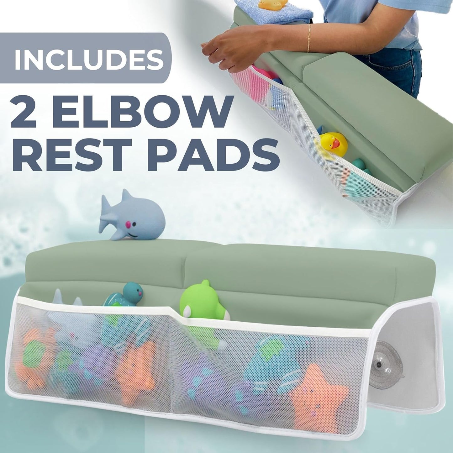 Comfortable Baby Bath Kneeler and Elbow Rest Pad Set – Thick Memory Foam Bath Kneeling Pad with Elbow Support – Baby Bathtub Cushion with Toy Organizer for Bathing Infant or Toddler - Green
