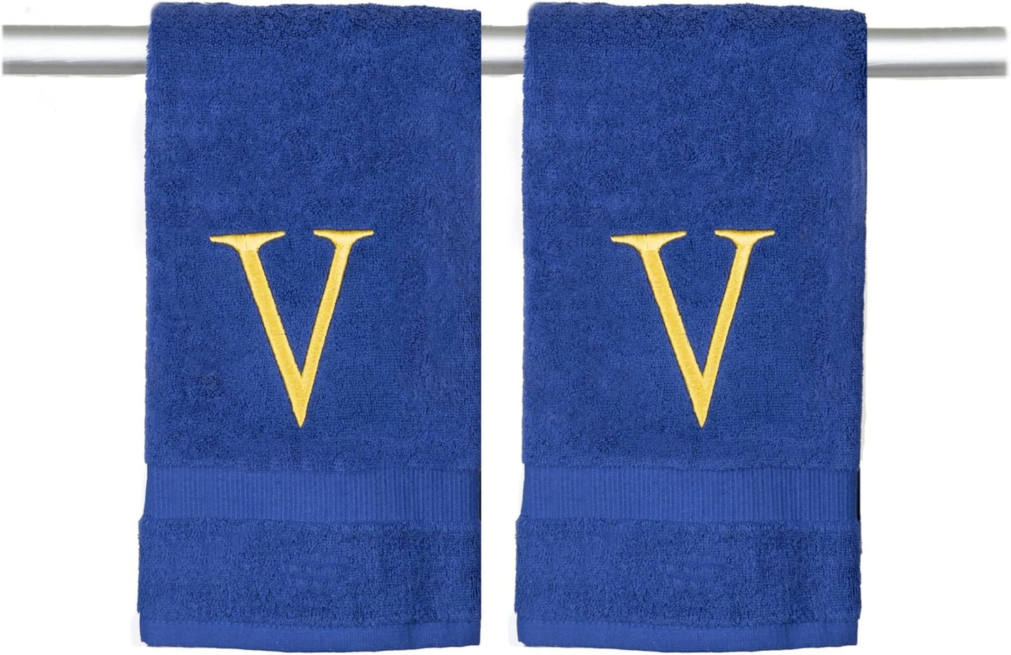 Navy Initial Hand Towel for Bathroom - Monogrammed Luxury Hotel Quality Decorative Embroidered Towel for Powder Room, Spa - GOTS Organic Certified - Pack of 2, Letter V