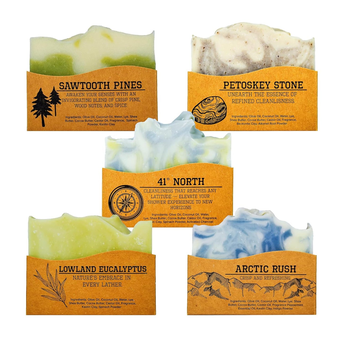 CompassSoap Natural Soap for Men | Skin-Friendly, Hand Made Soap Bar Gift Set | Best Exfoliating and Cleansing Bar Soap for Men | 5 Oz. Variety Pack of 5