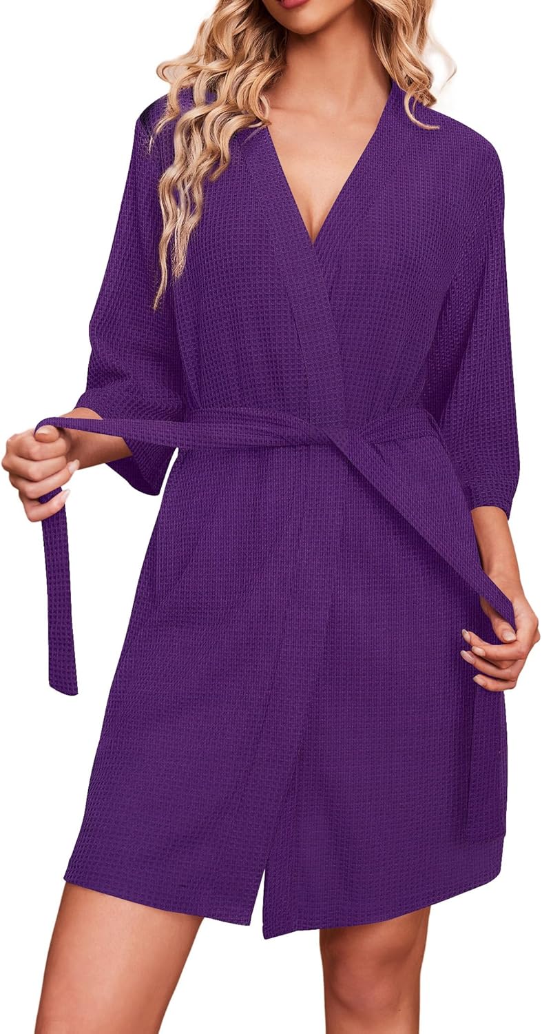 Ekouaer Robes for Women Waffle Knit Bathrobe Soft Lightweight Knee Length Loungewear S-XXL