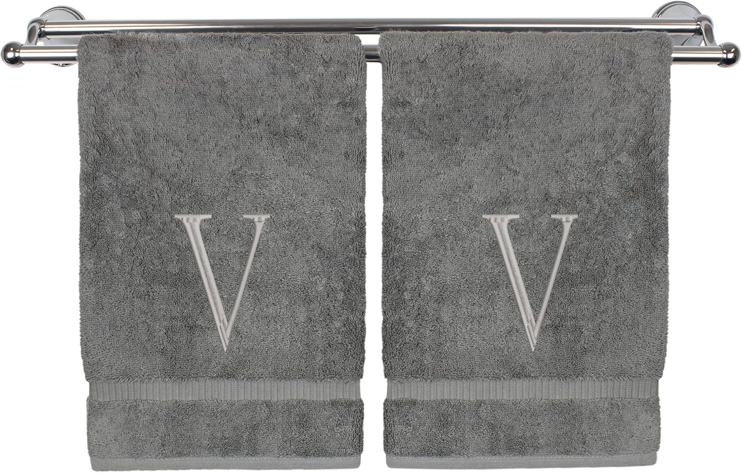 Monogrammed Hand Towel, Personalized Initial Gift, Extra Absorbent 100% Turkish Cotton - Soft Terry Finish - Set of 2 - Silver Block Initial V - Embroidered on Grey Towels