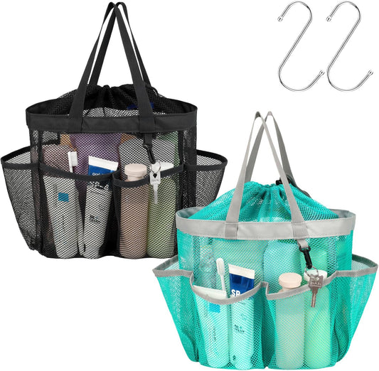 F-color Mesh Shower Caddy Portable with Drawstring - 8 Pockets Dorm Room Essentials for Guys Girls with S Hook, Shower Bag Basket Tote for College Camping Bathroom, 2 Pack Black & Mint Green