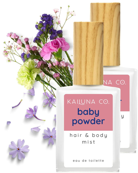 Baby Powder Natural Hair & Body Mist Spray, Twin Pack, Pure Essential and Fragrance Oils, Alcohol-Free, Handmade in California (2 x 0.5Fl Oz)
