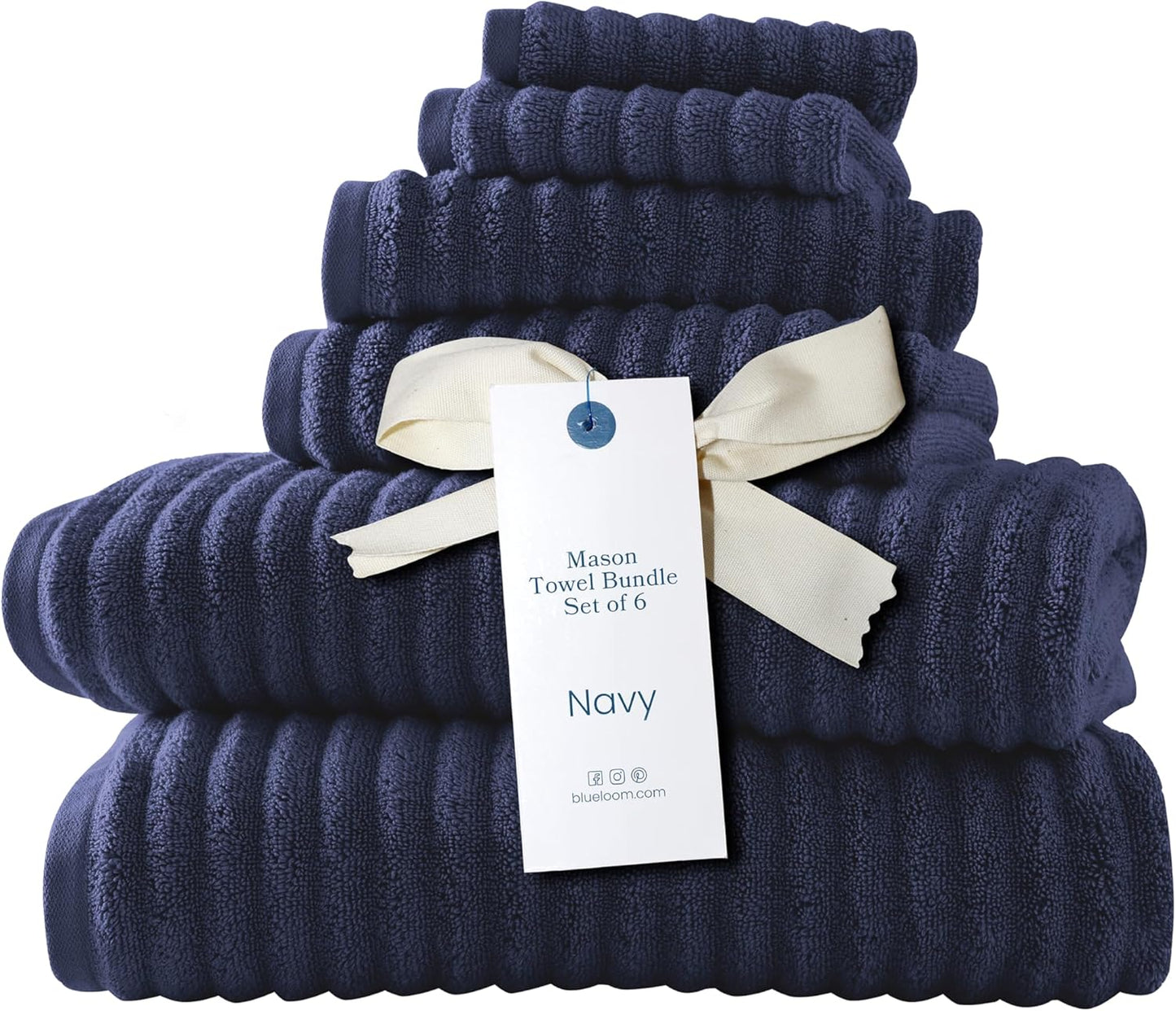 Blue Loom Ribbed Bath Towels Set, 100% Cotton 600GSM, Soft Absorbent Durable 2 Bath Towels, 2 Hand Towels, 2 Wash Cloths for Bathroom - Mason (58" x 30" inch Towels) (Navy, 6 Piece)