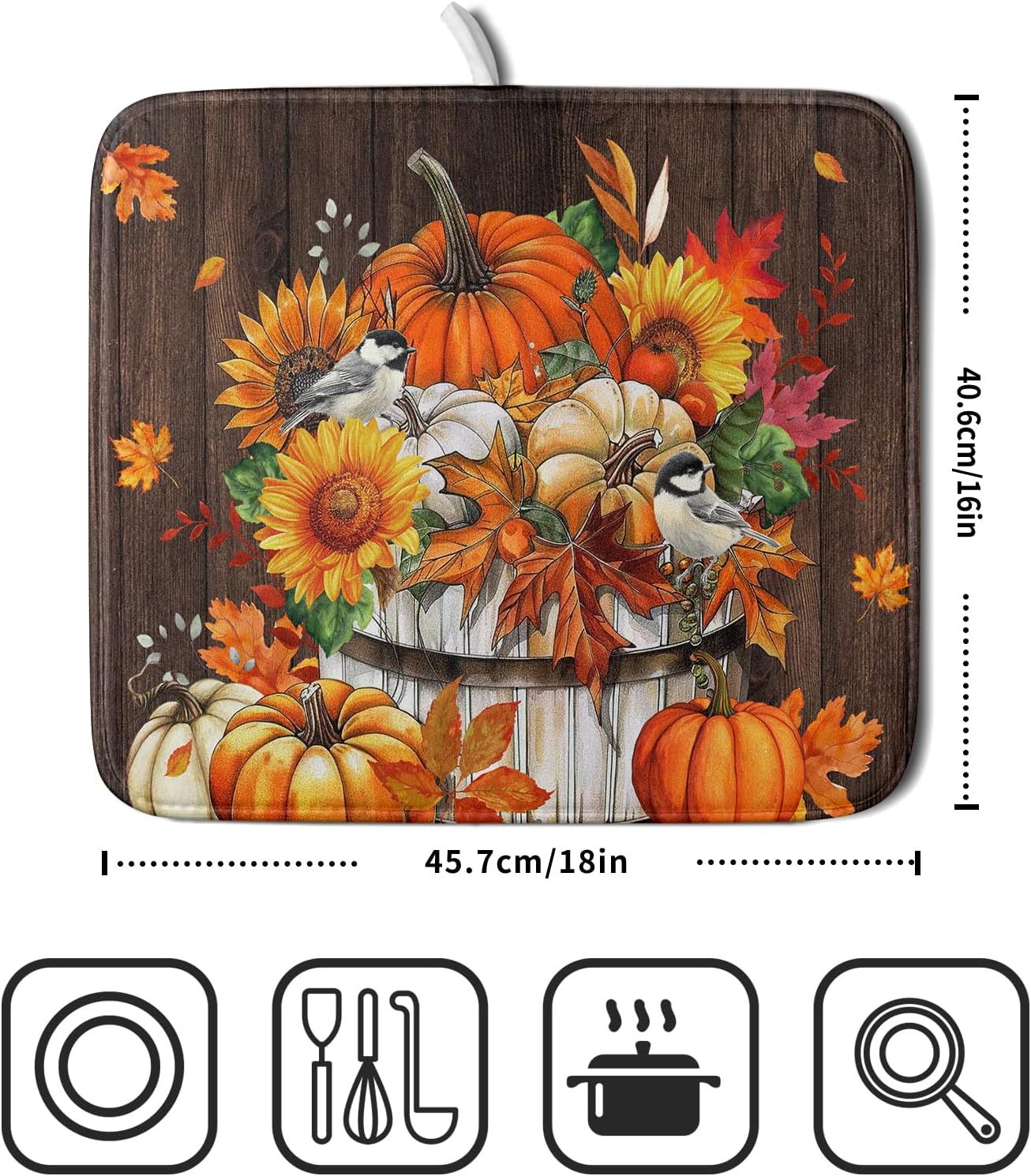 Fall Pumpkin Dish Drying Mat for Kitchen Counter Decor 16x18 Inch Halloween Thanksgiving Dish Drainer Mats Absorbent Reversible Dishes Pad