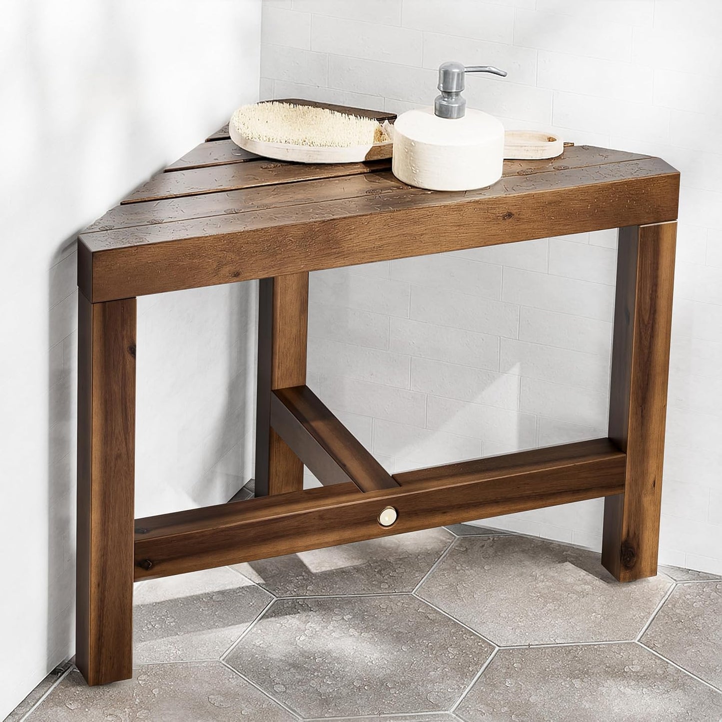 HOLANA Acacia Shower Foot Rest - Wooden Shower Stool for Inside Shower - Corner Shower Stool Seat & Bath Stool for Shaving Legs - Bath Step Stools Bench for Bathroom (Walnut, 16.5"x12"x12")