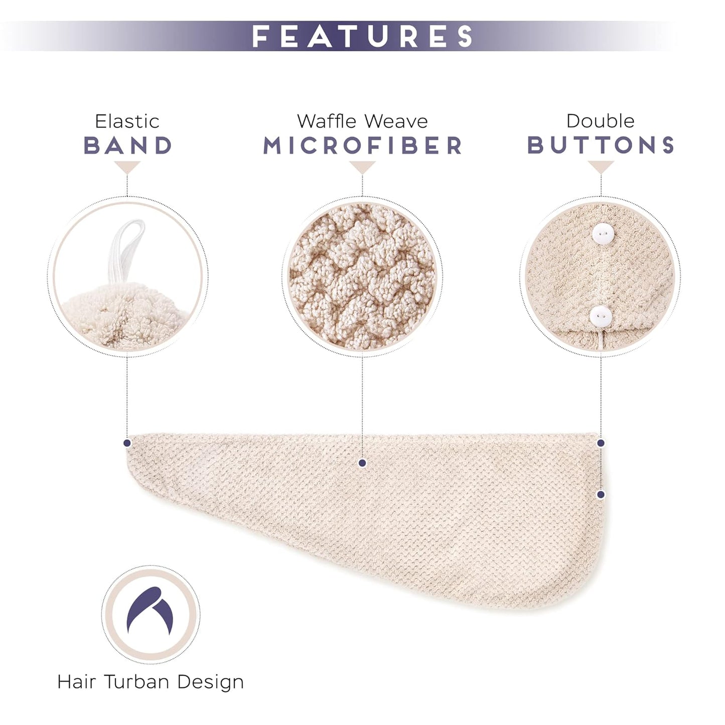 2 Pack Microfiber Hair Towel Wrap for Women, Anti Frizz Quick Drying Hair Turban for All Hair Style, Absorbent and Lightweight (Beige)