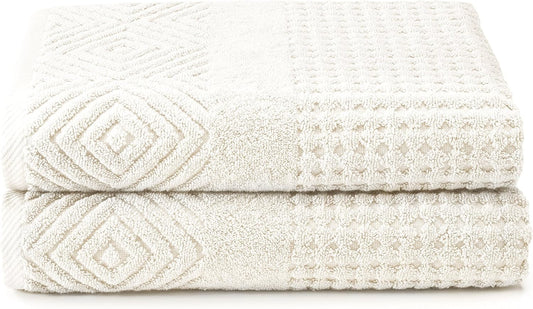 Texere 100% Organic Cotton Diamond Jacquard 700 GSM Luxury Bath Towel Sets - Ultra Soft and Absorbent Hotel and Spa Quality (Diamond, Cream, 2 Bath Towels)