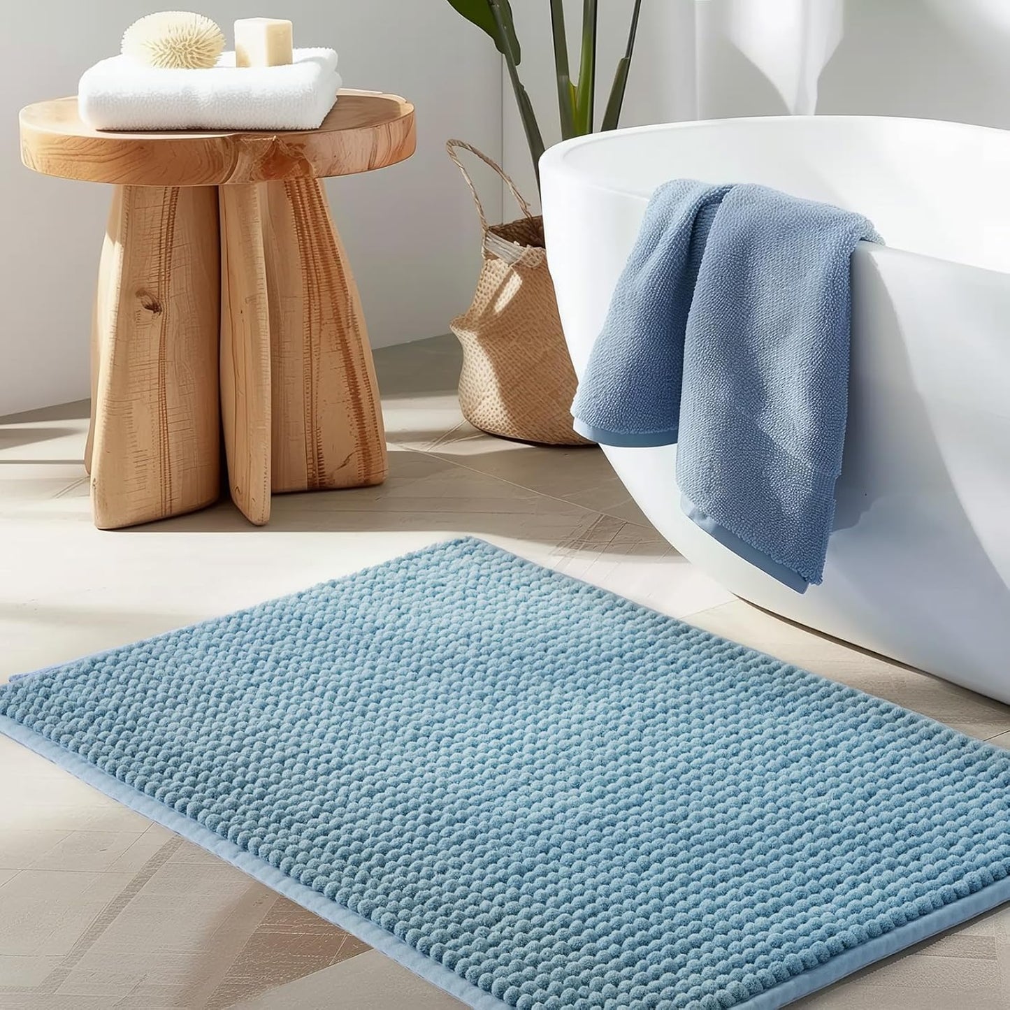 FRESHMINT Thick Chunky Chenille Bathroom Rugs 24"x36", Non Slip Bath Mat for Bathroom Floor, Large Soft Bathroom Decor Accessories, Cute Shower Mat Water Absorbent, Washable, Stone Blue