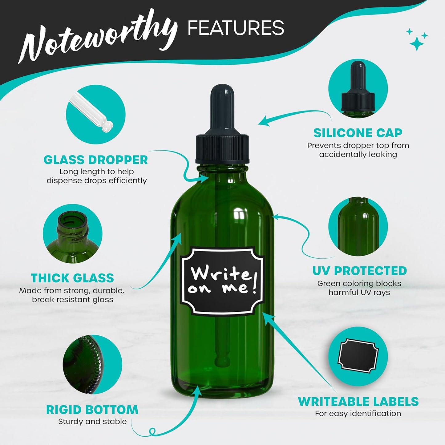 Nevlers 4 Oz Green Glass Dropper Bottle 24 PK | Leakproof Eye Droppers for Oils | Glass Tincture Bottles with Dropper, Shrink Wrap, Funnel, Brush, Marker & Labels | Eye Drop Dispenser Hair Oil Bottle